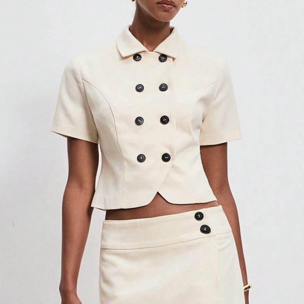 Khaki Casual Women's Short Sleeve Double-Breasted /Work Blazer - Picture 6 of 7